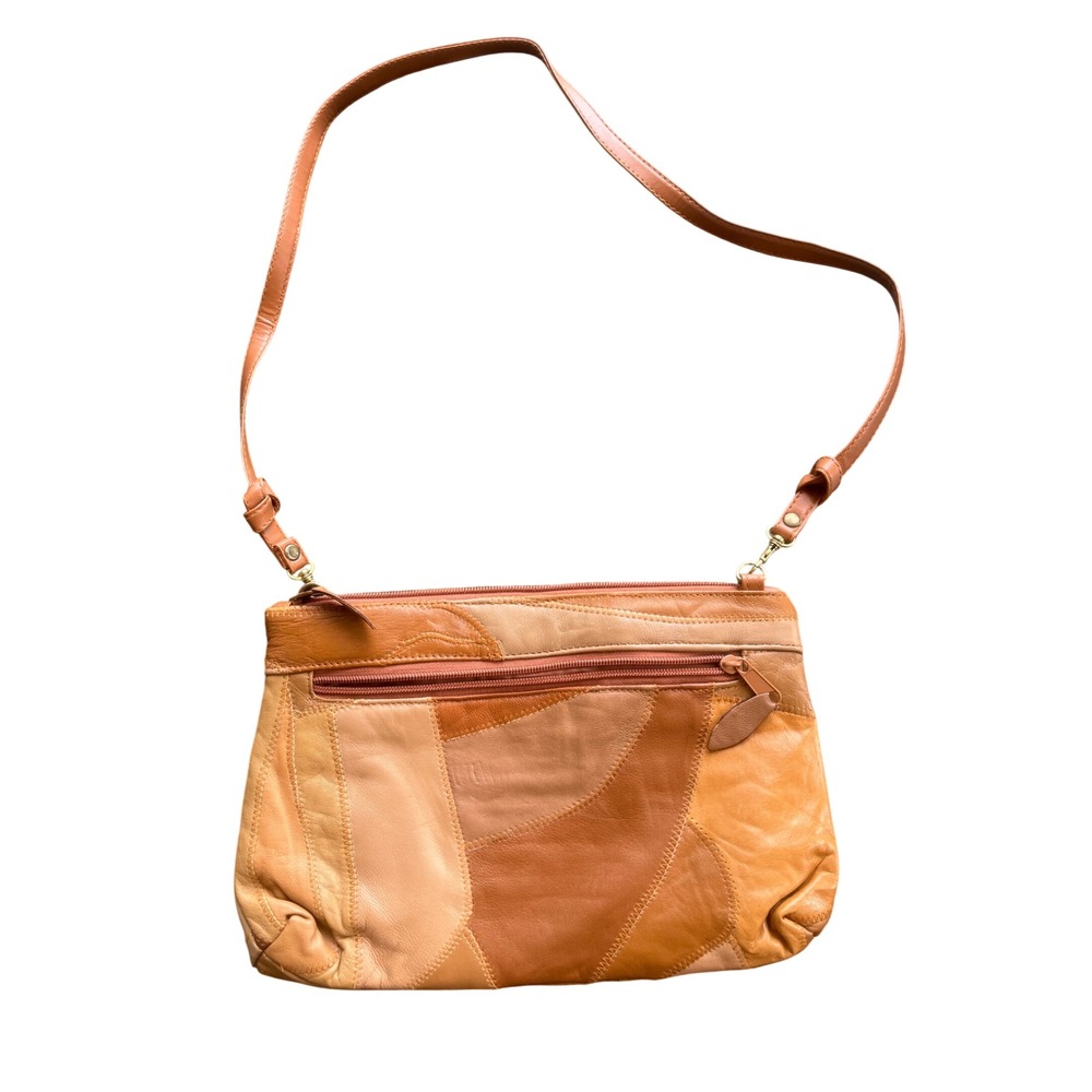 Vintage Leather Patchwork Crossbody Bag Tan Brown Multi Tone Boho Zip Shoulder